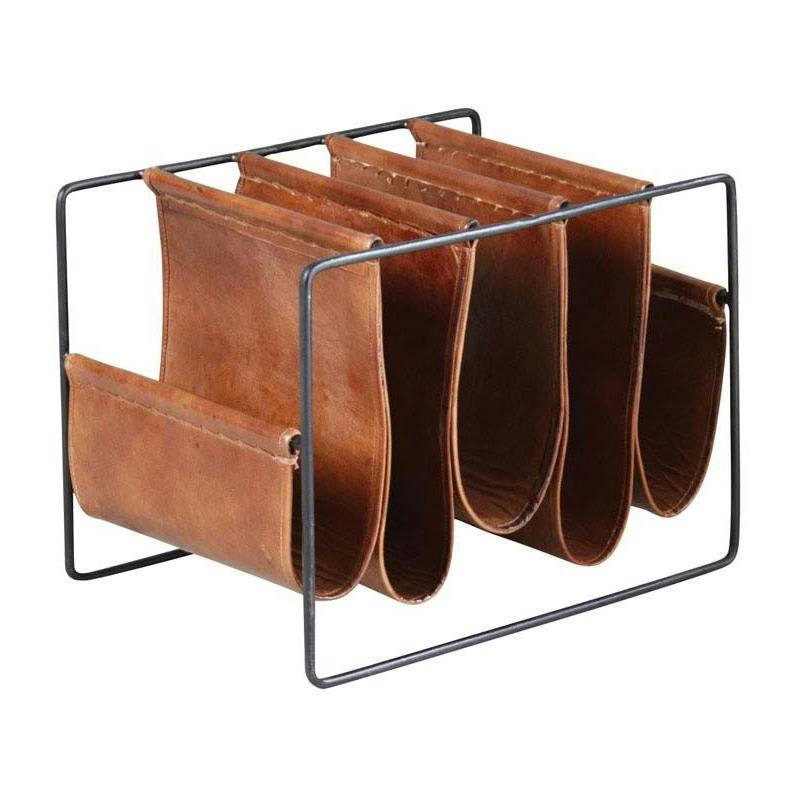 - Porte-revues 5 compartiments en métal et cuir de chèvre
