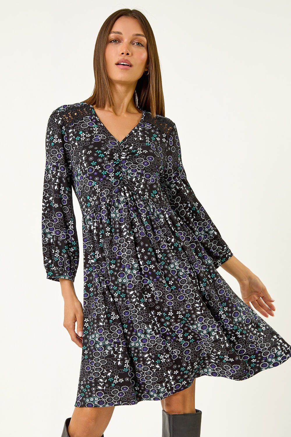 Roman Floral Print Lace Trim Stretch Dress