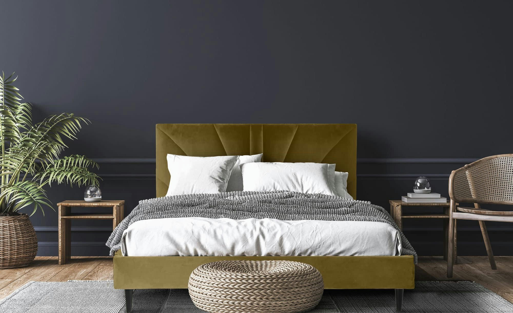 BENJI - Lit avec matelas 2 places  en velours ocre 160x200