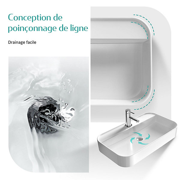 EMKE Vasque à Poser en céramique 70x40x11cm, Lavabo rectangulaire avec robinet trou prépercé, Lavabo à poser blanc brillant