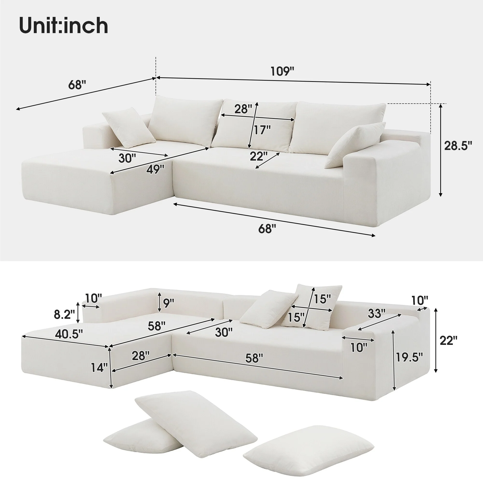 White 109 Modular L-Shaped 4-Seat Sectional Sofa with Chaise, 2 Pillows, and Comfortable Seating for Living Room or Bedroom
