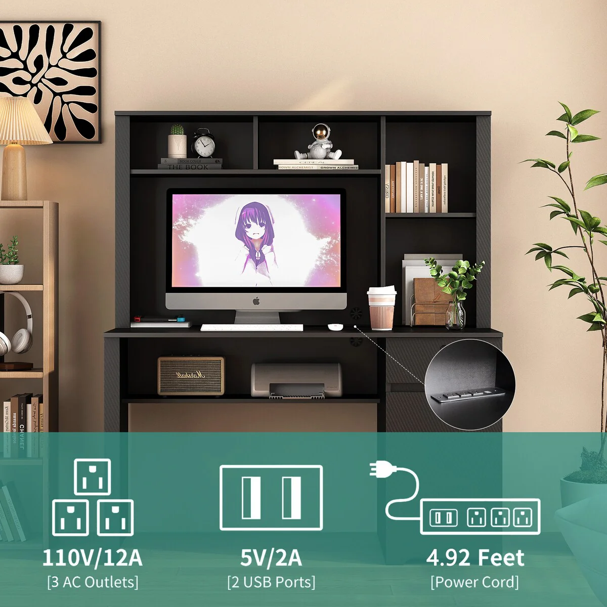 Wood Computer Desk with Hutch, Bookshelf and USB-Ports