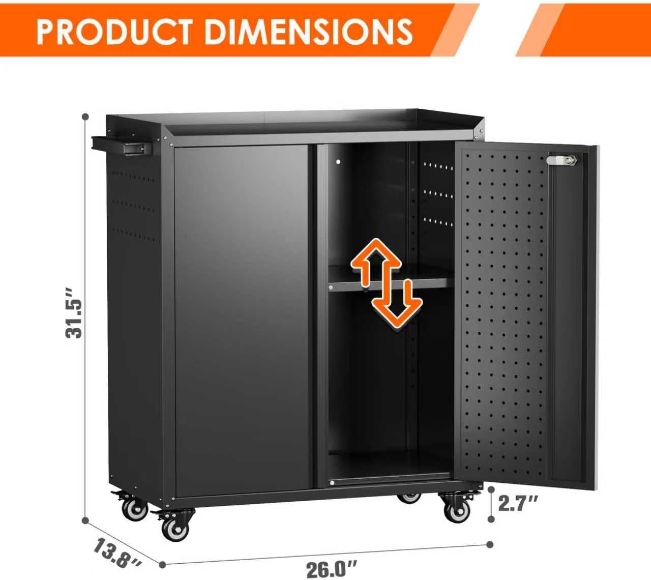 Aobabo 34.3 Inches Metal Storage Cabinet with Wheels and 2 Pegboards, Lockable Rolling Tool Storage Cabinet with 1 Adjustable Shelves for Garage,Assembly Required,Black