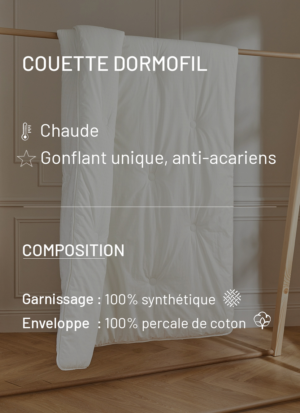 COUETTE DORMOFIL TRÈS CHAUDE EN PERCALE DE COTON ÉCRU