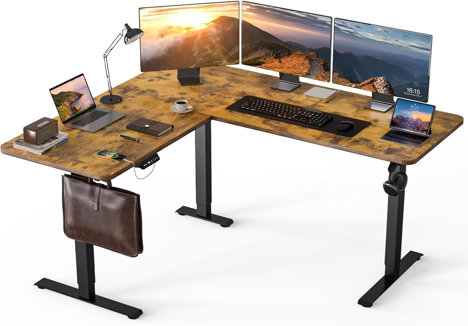 63 x 55 inch L Shaped Standing Desk, Corner Computer Desk, Electric Adjustable Height Stand Up Table, L Sit Stand Desk for Home Office Gaming, Rustic Brown