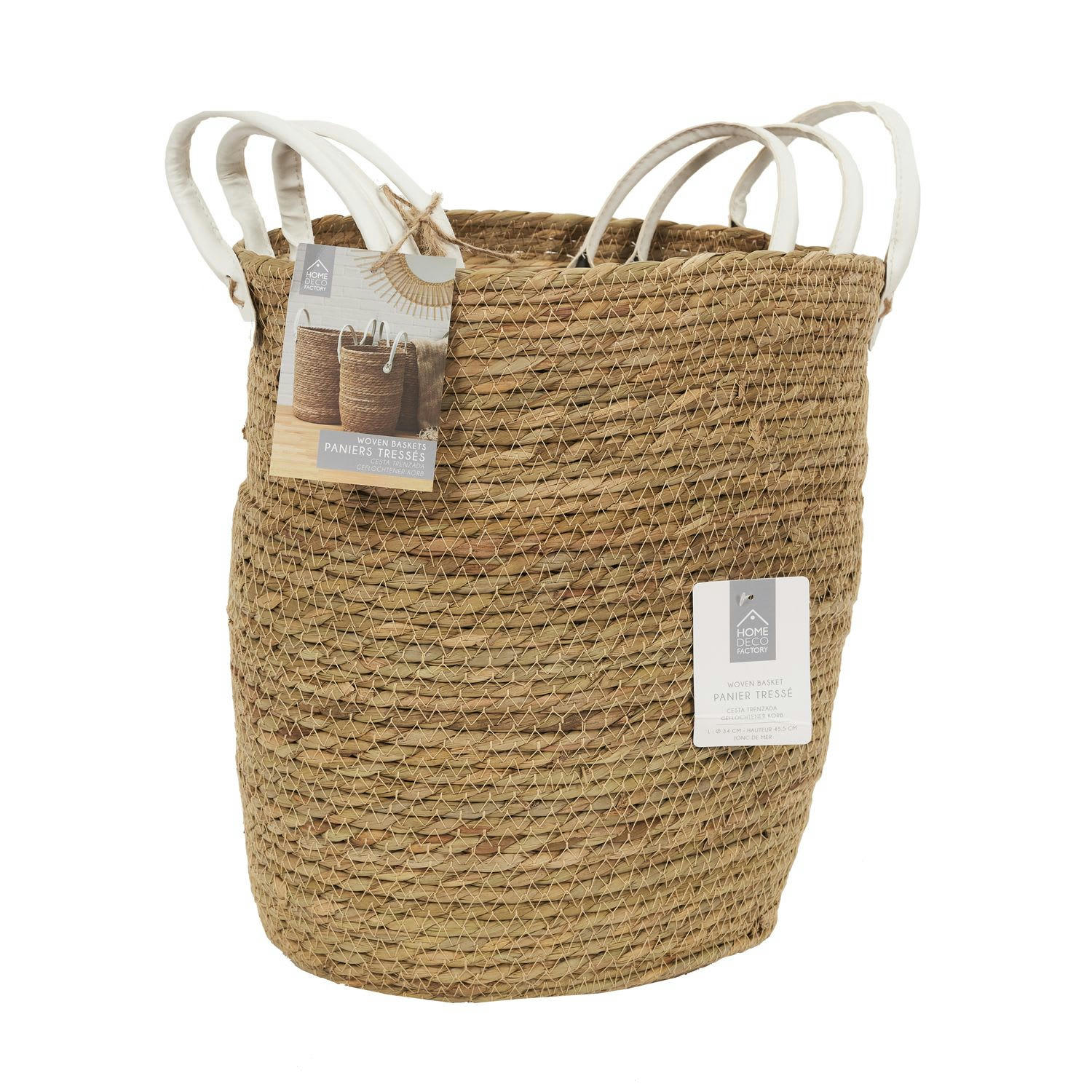 - Lot de 3 paniers tressés avec 2 anses en similicuir beige