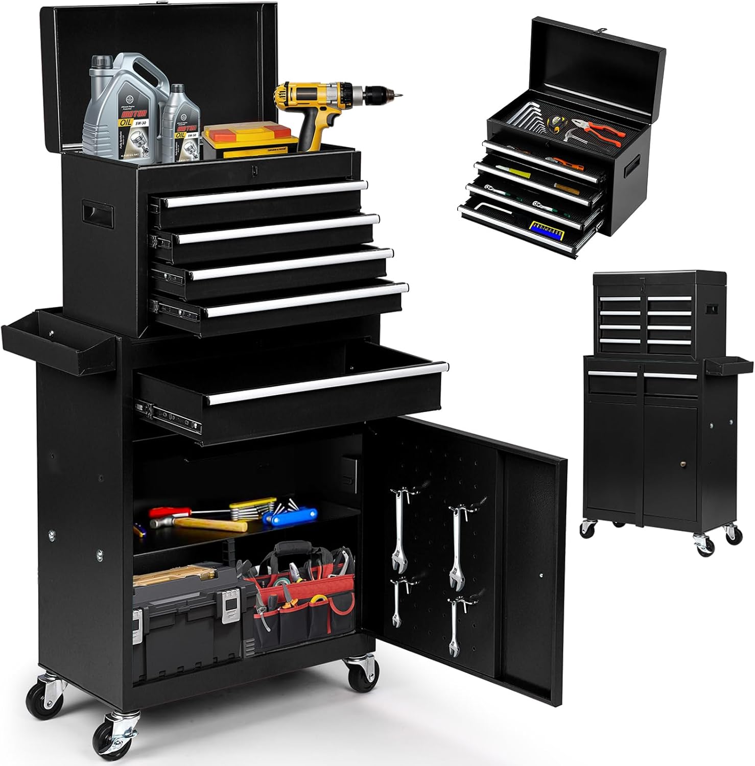5-Drawer Rolling Tool Chest – 2-in-1 Lockable Tool Box with Wheels, Sliding Drawers & Detachable Top – Garage & Workshop Storage Cabinet, Black