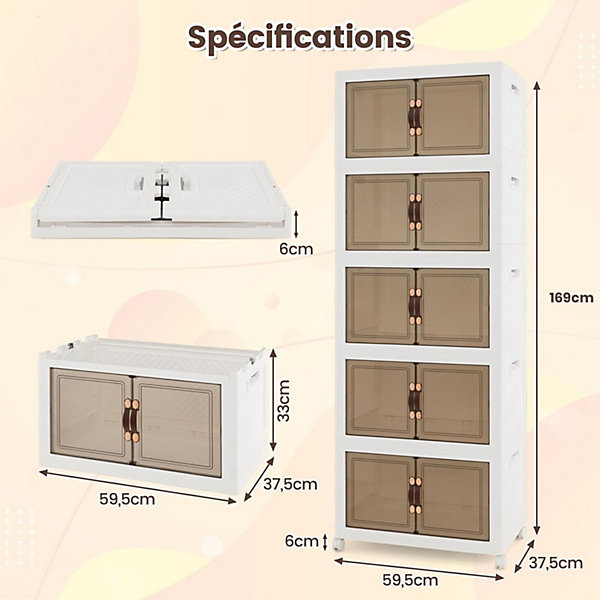 Boîtes de Rangement Empilables en PP Charge 316L 5 Bacs de Armoire avec Roues Verrouillables Poignée Pratique