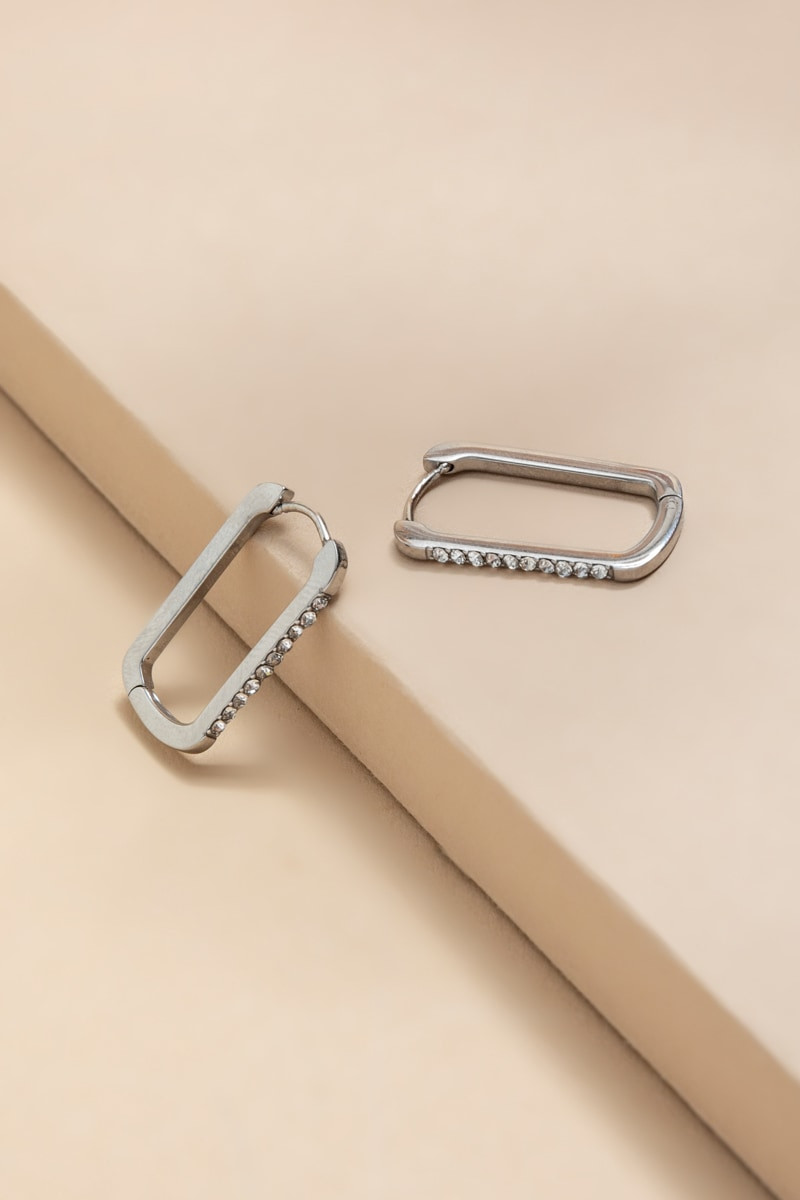 Marci Stainless Steel Silver Pave Hoop Earrings