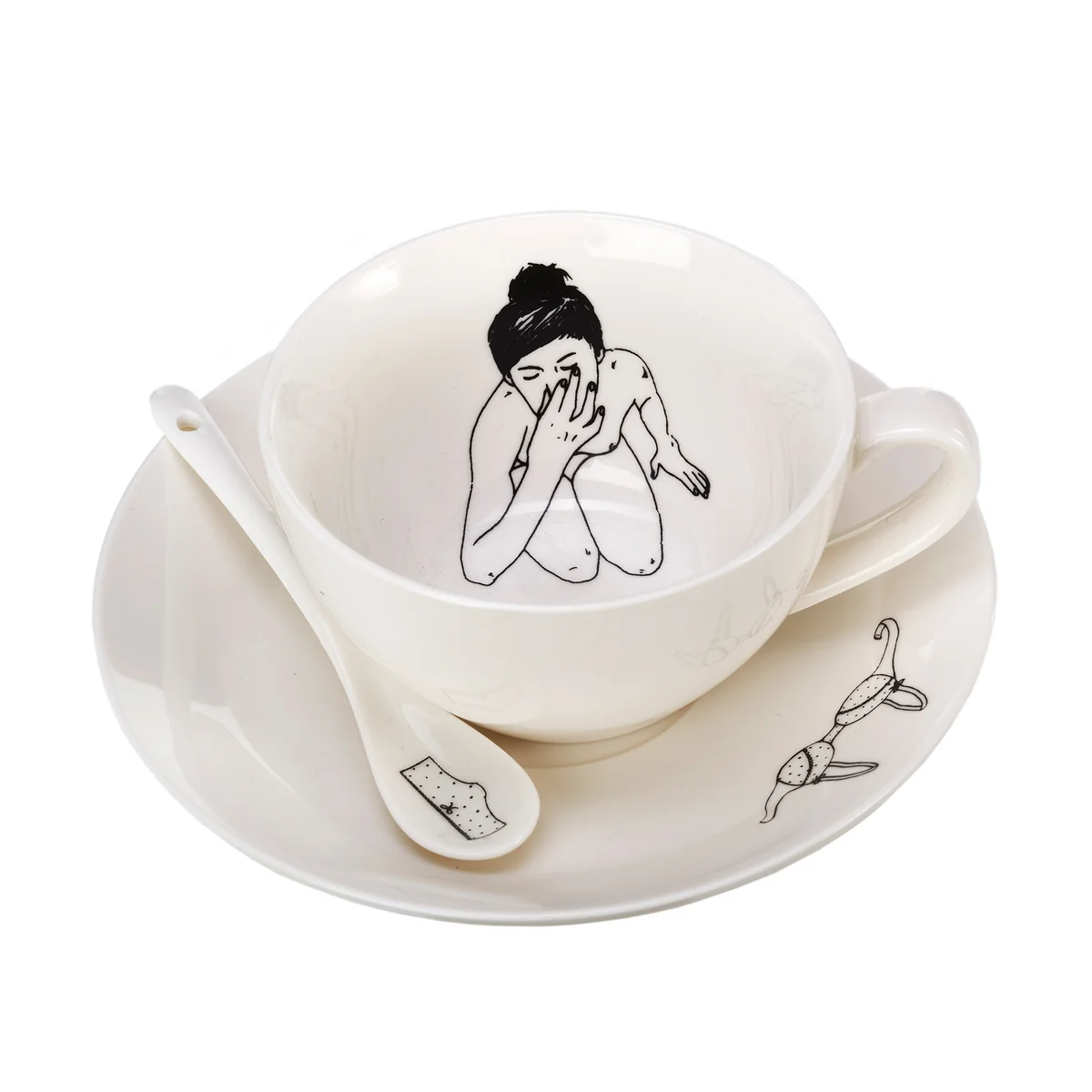 POLSPOTTEN - Undressed Tasse mit Untertasse, weiß (4er-Set)
