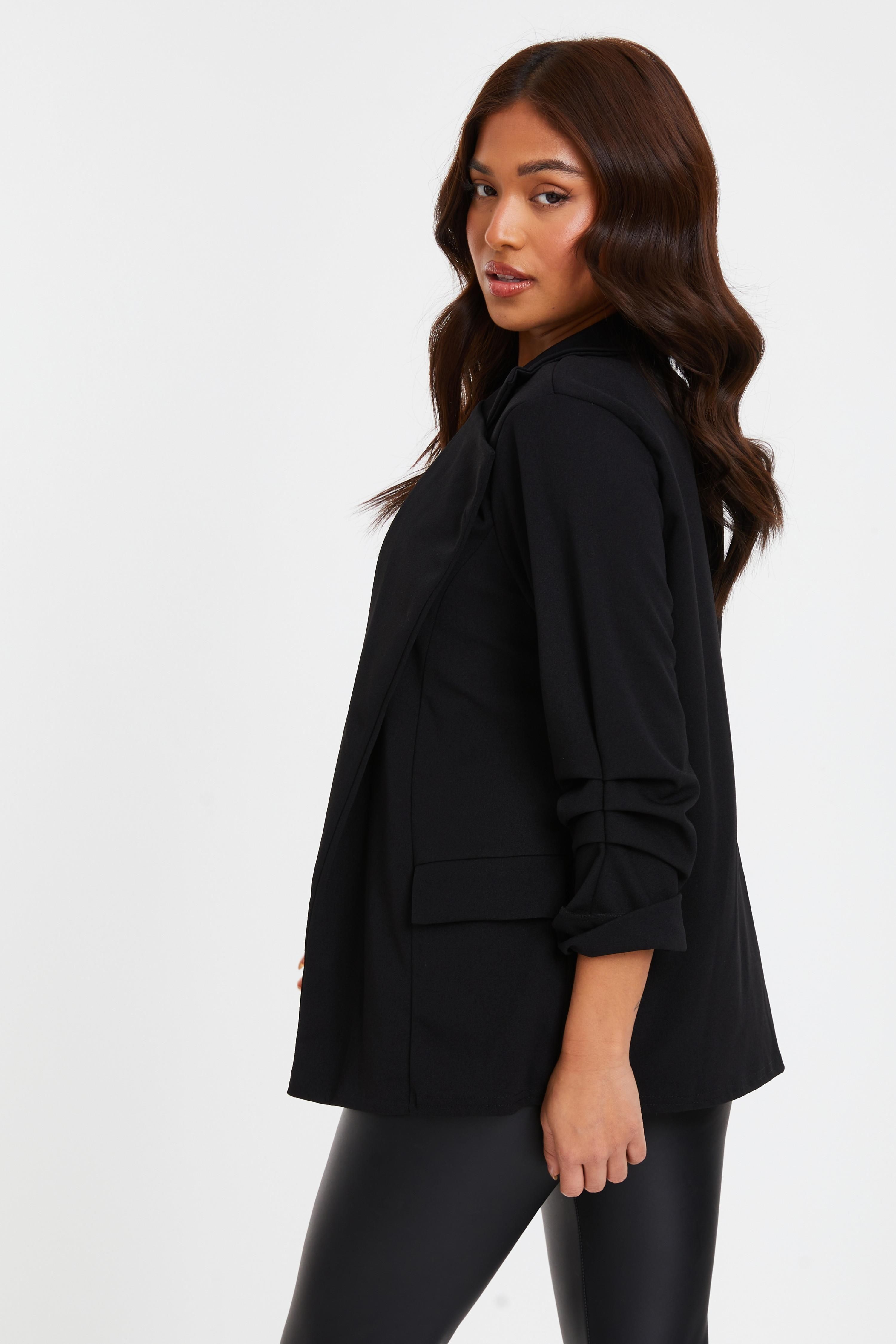Quiz Black Petite Ruched Sleeve Blazer