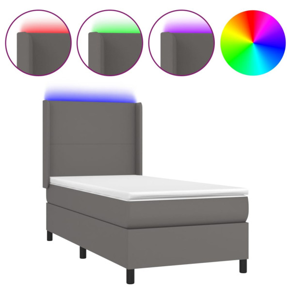 Łóżko kontynentalne z materacem i LED, szara ekoskóra 90x190 cm