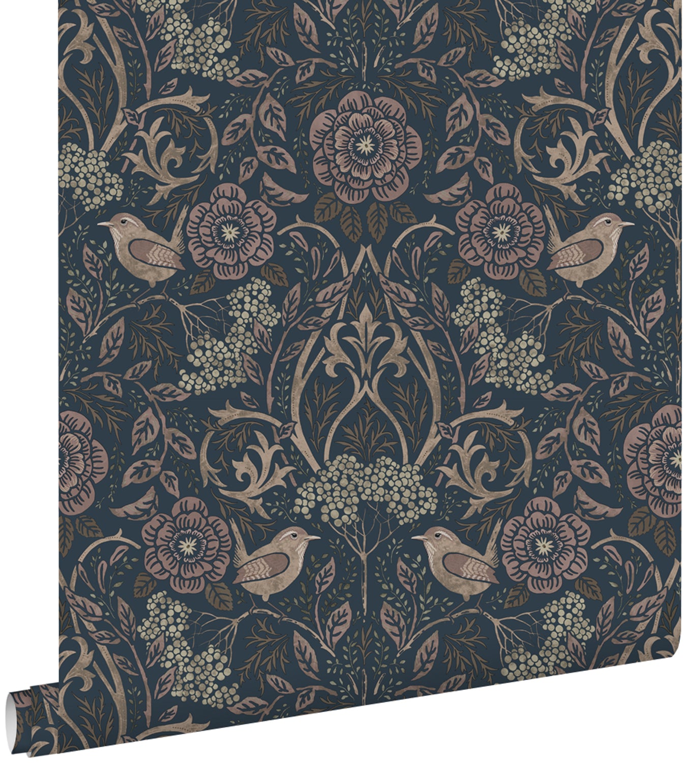 ESTAhome behang bloemen en vogels donkerblauw en oudroze - 53 cm x 10.05 m - 139832
