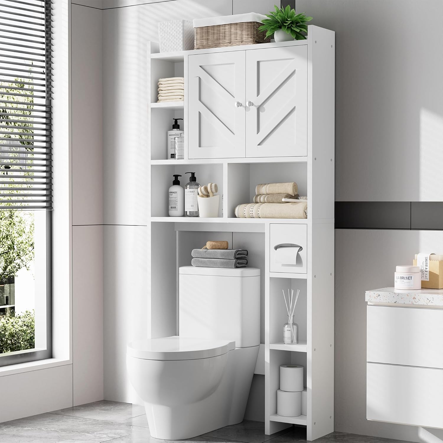 Meilocar Over the Toilet Storage Cabinet, Freestanding Storage Cabinet Over Toilet, Bathroom Storages Organizer Cabinets with Toilet Paper Holder Stand and Adjustable Shelf, White