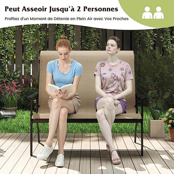 Banc de Jardin 2 Personnes, Chaise Adirondack Double Incliné et Accoudoirs, Charge 400 kg, Métallique Respirant, 120 x 81 x 106 CM