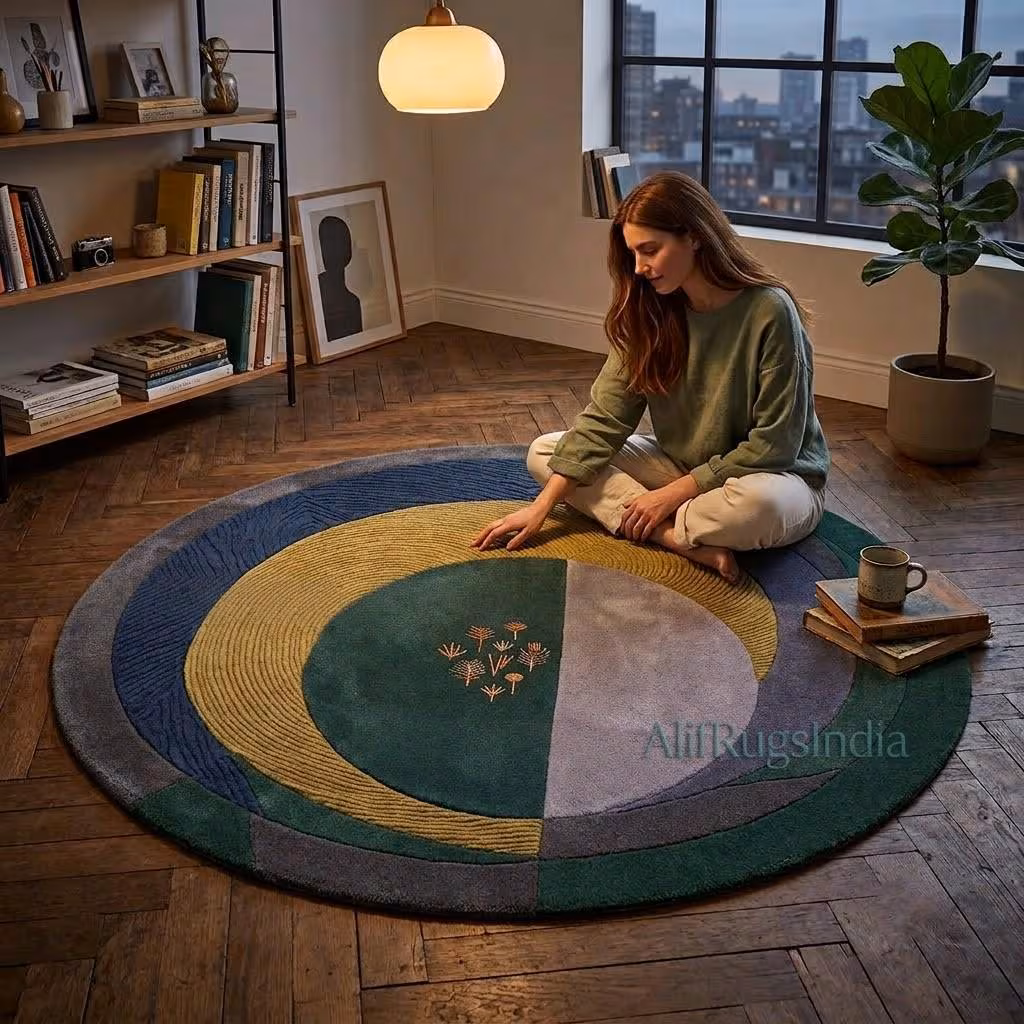 Round Textured Ring Rug | Hand Tufted Wool Carpet | Navy Green Mustard Concentric Circle Design | Botanical Accent Statement Rug