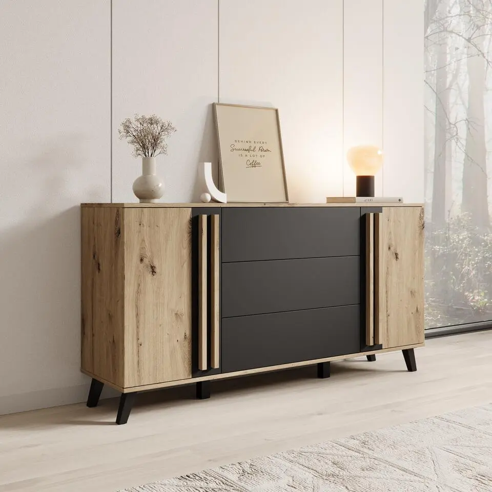 Meubella - Hydra - Dressoir - Eiken/Zwart - 150x40x78 cm