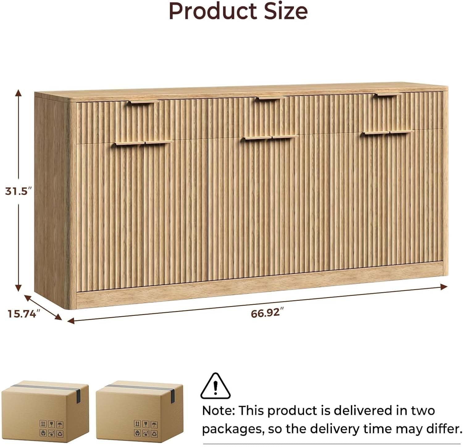 Evermagin 67 Fluted Oak Sideboard Buffet Cabinet with 3 Drawers, Modern Credenza with Storage, Console Coffee Bar Cabinet for Kitchen, Living Room and Entryway (67 W x 31.5 H x 15.7 D)