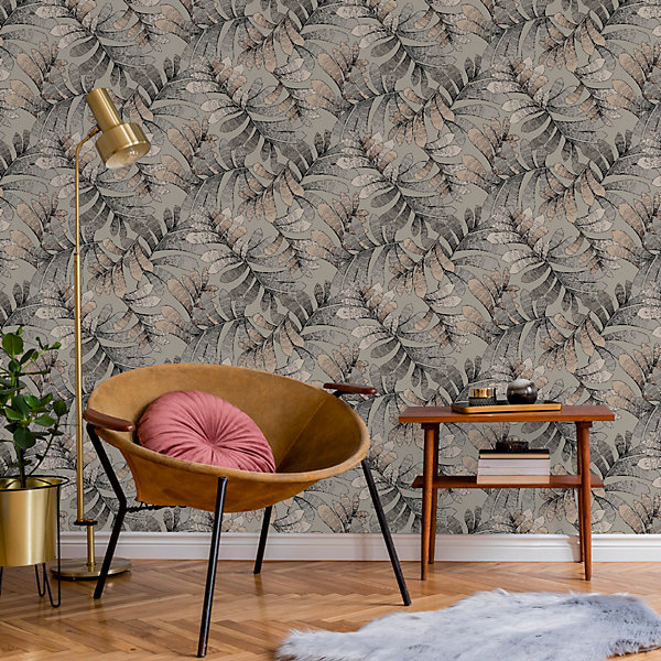 Papier peint vinyle intissé Villa Rosalie Lutece mat et satiné feuilles gris, rose l.1005 x l.53 cm