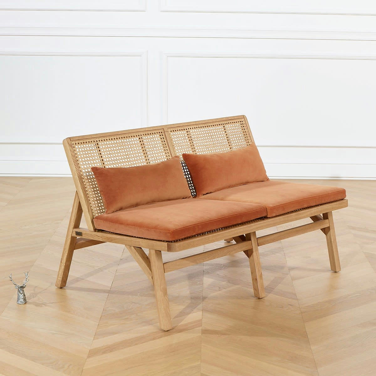 BO PARIS - Banquette en chêne, cannage & velours 2 places caramel