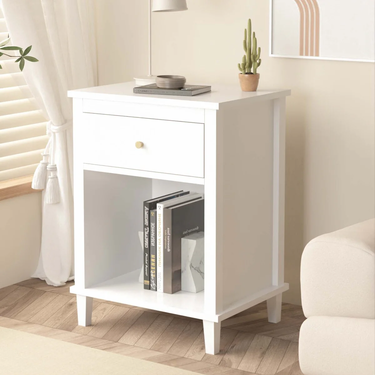 26.77''H Wooden Nightstand with Drawer and Shelf for Bedroom