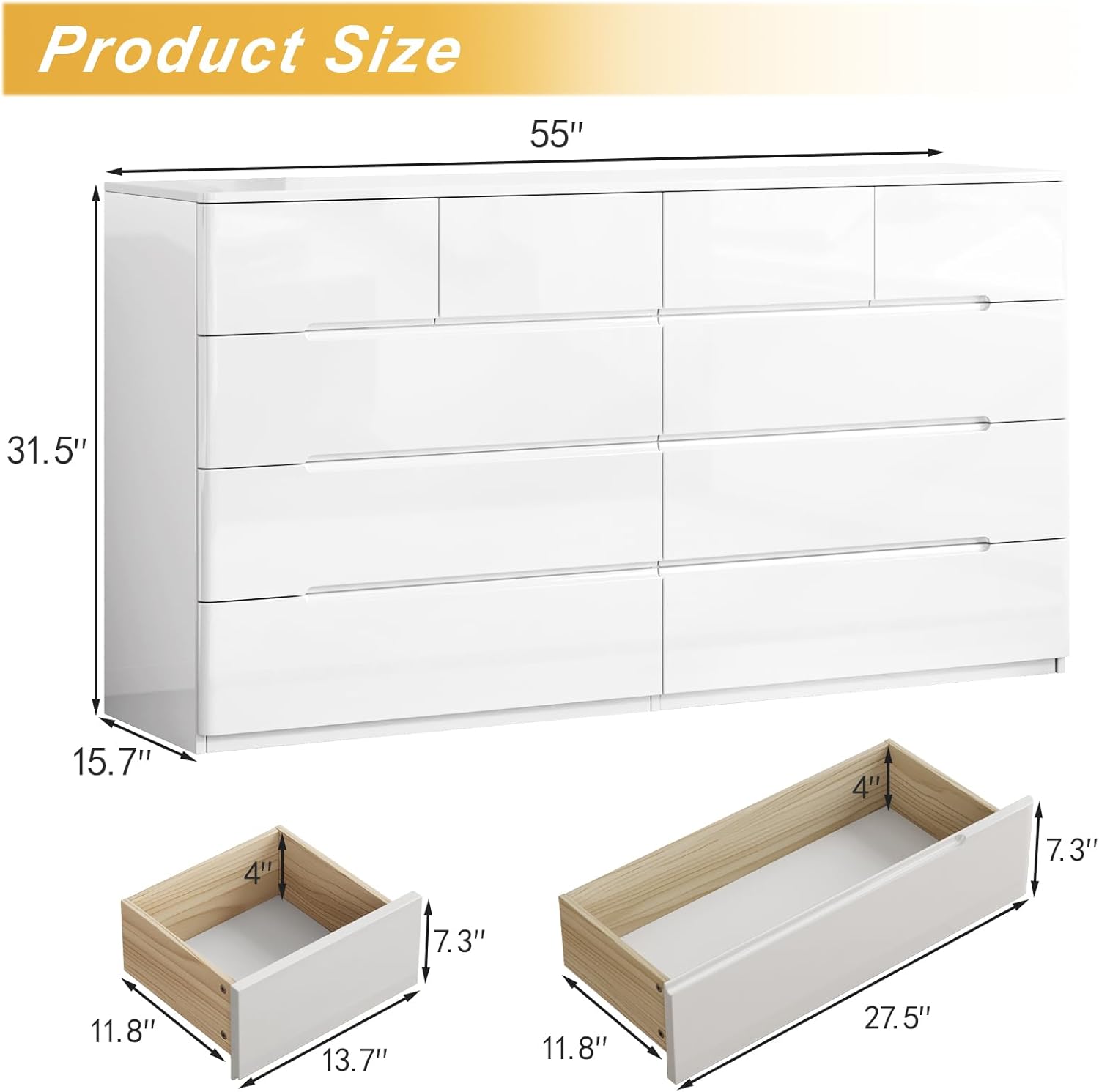 10 Drawer White Dresser for Bedroom, 55 Long Dresser Chest of Drawers, Large High Gloss Modern Storage Cabinet with Big Drawers Handle Free, Living Room, Entryway, Hallway