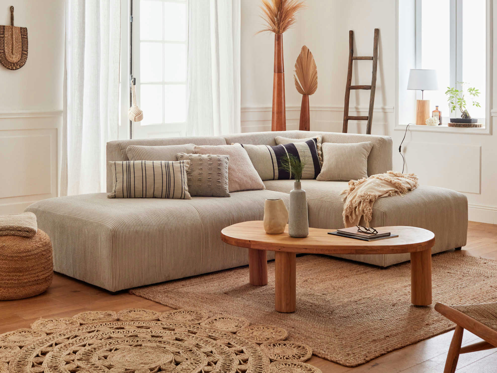 VICTOIRE - Canapé d'angle droit 4 places en velours côtelé beige