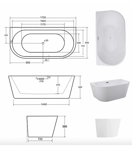Baignoire îlot VICA GLAM SILVER 80 cm - 170cm