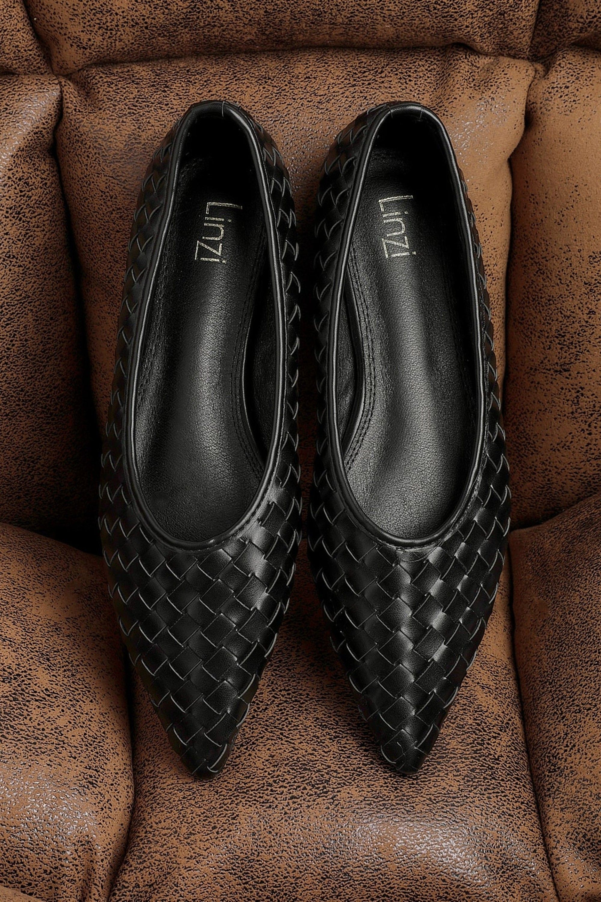 Linzi Talina Black Faux Leather Woven Pointed Toe Ballet Flats