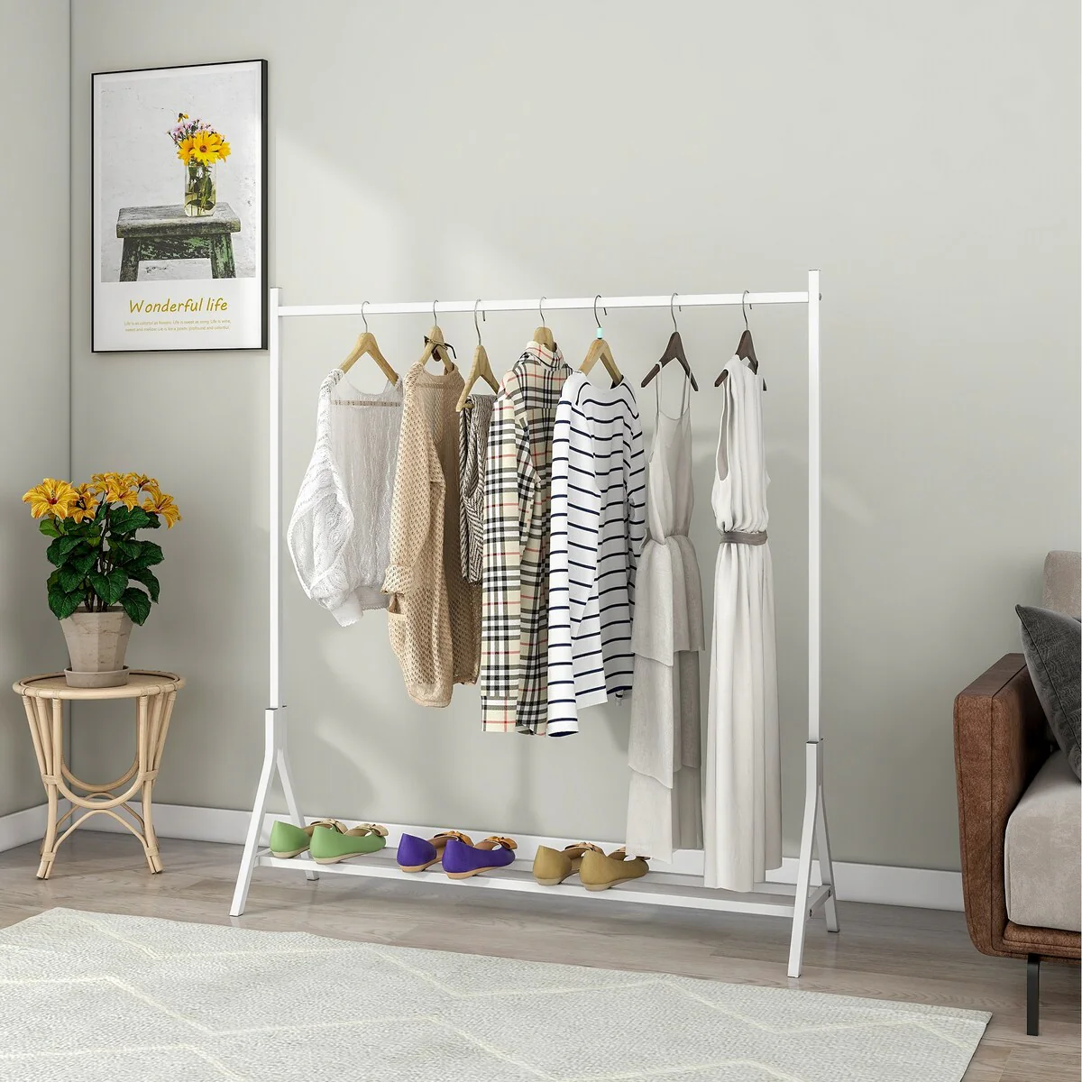 Rack Freestanding Hanger Multi-functional Single pole Bedroom Clothing Rack Bedroom, White