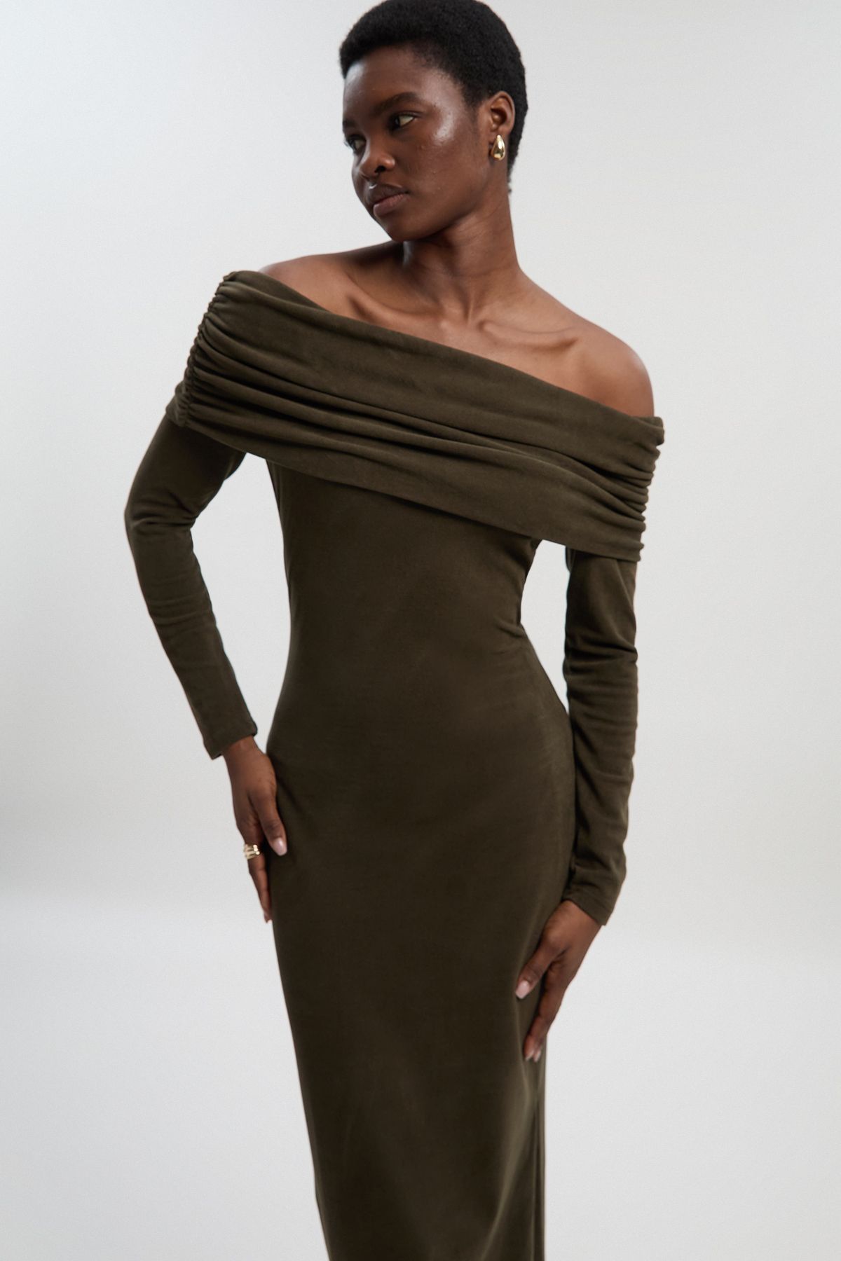 KarenMillen Off The Shoulder Brushed Textured Jersey Midi Dress