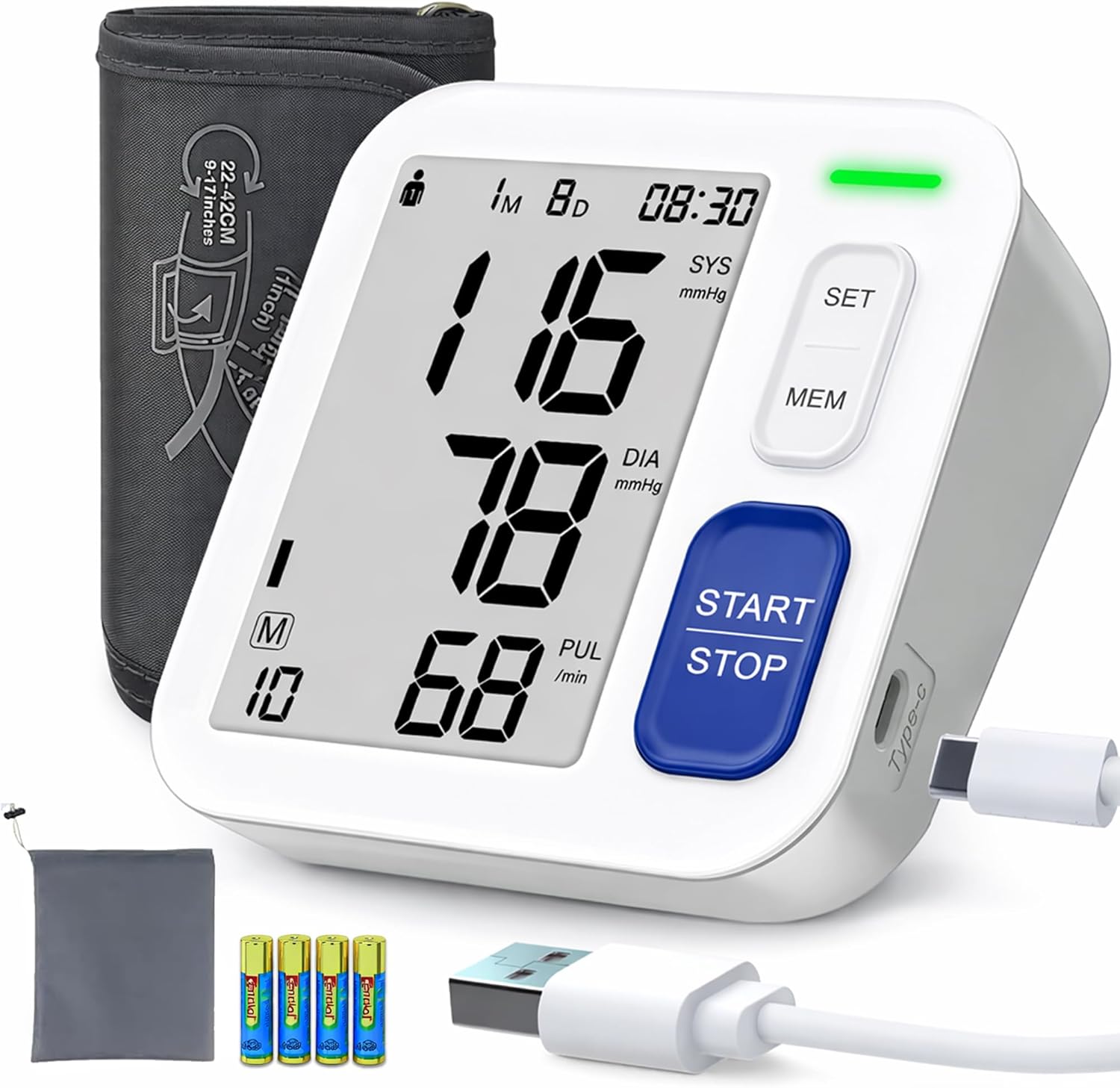 Blood Pressure Monitors for Home Use Upper Arm, Automatic Accurate BP Cuff 9-17 with 4 LCD Screen, 2 x 90 Memory & HR Detection, Digital BP Machine with USB Cable 4 AAA Batteries & Storage Bag