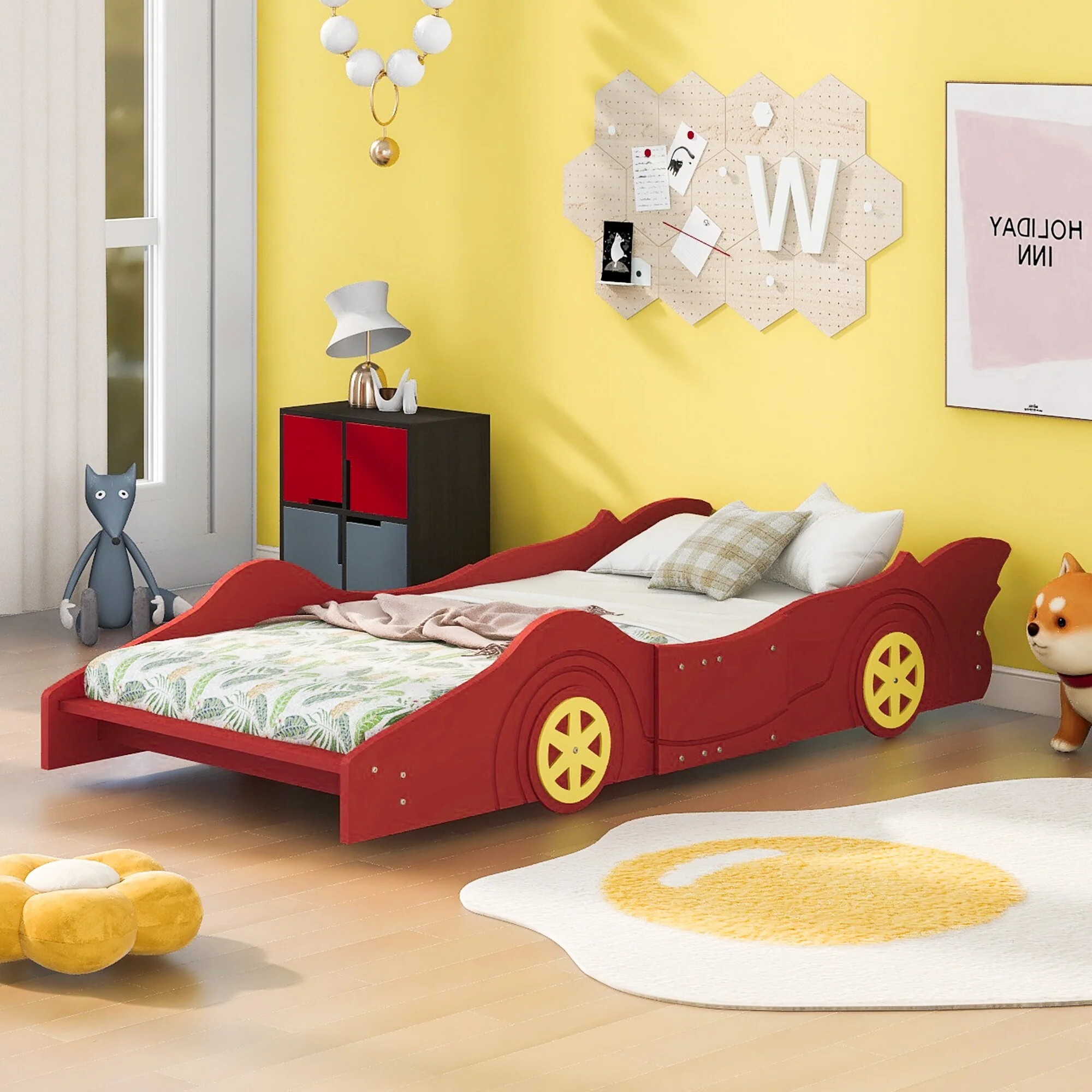 Twin Size Race Car Bed with Wheels and Rails, Fun Design for Kids' Rooms