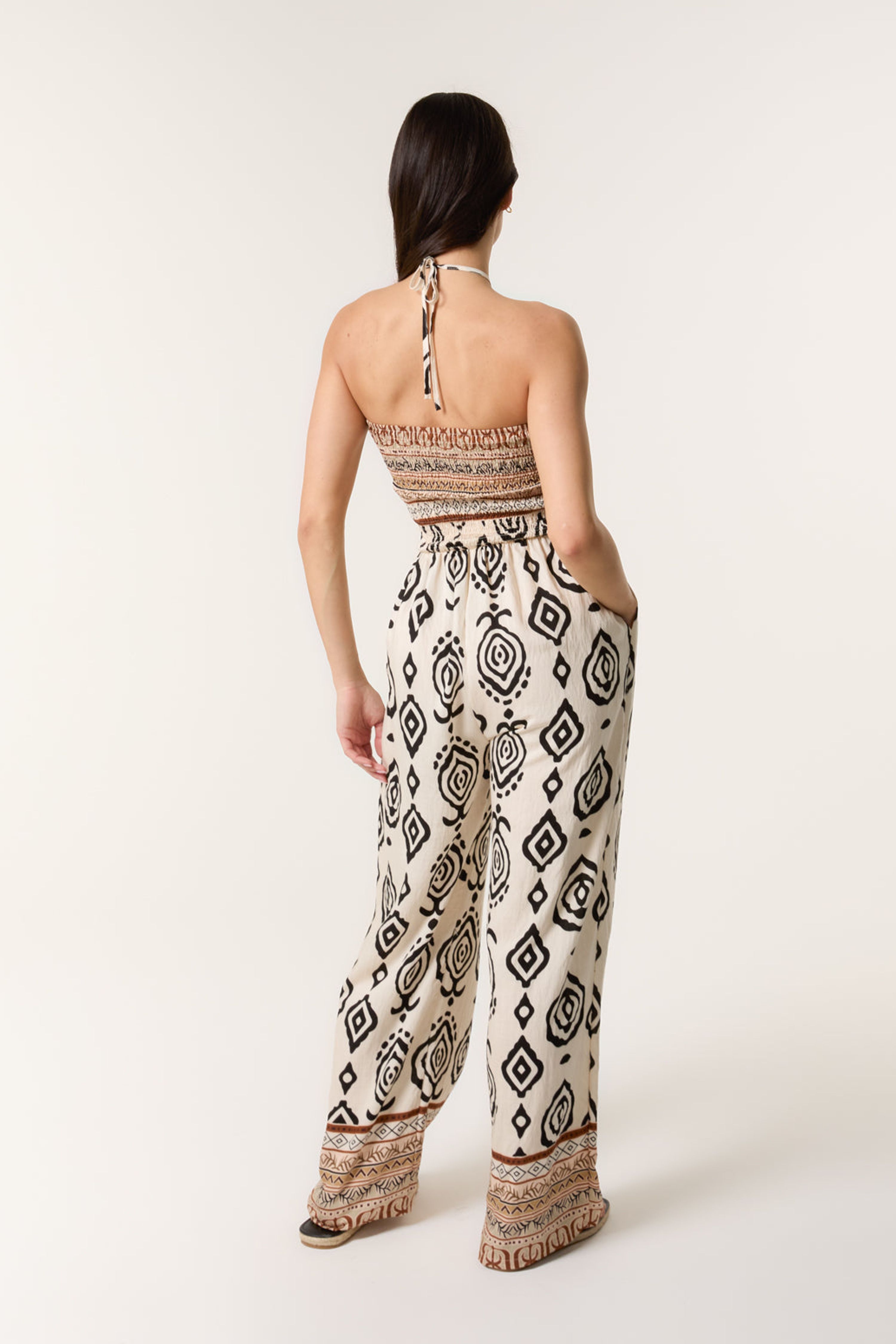 Blue Vanilla Stone Print Strapless Bandeau Shirred Jumpsuit