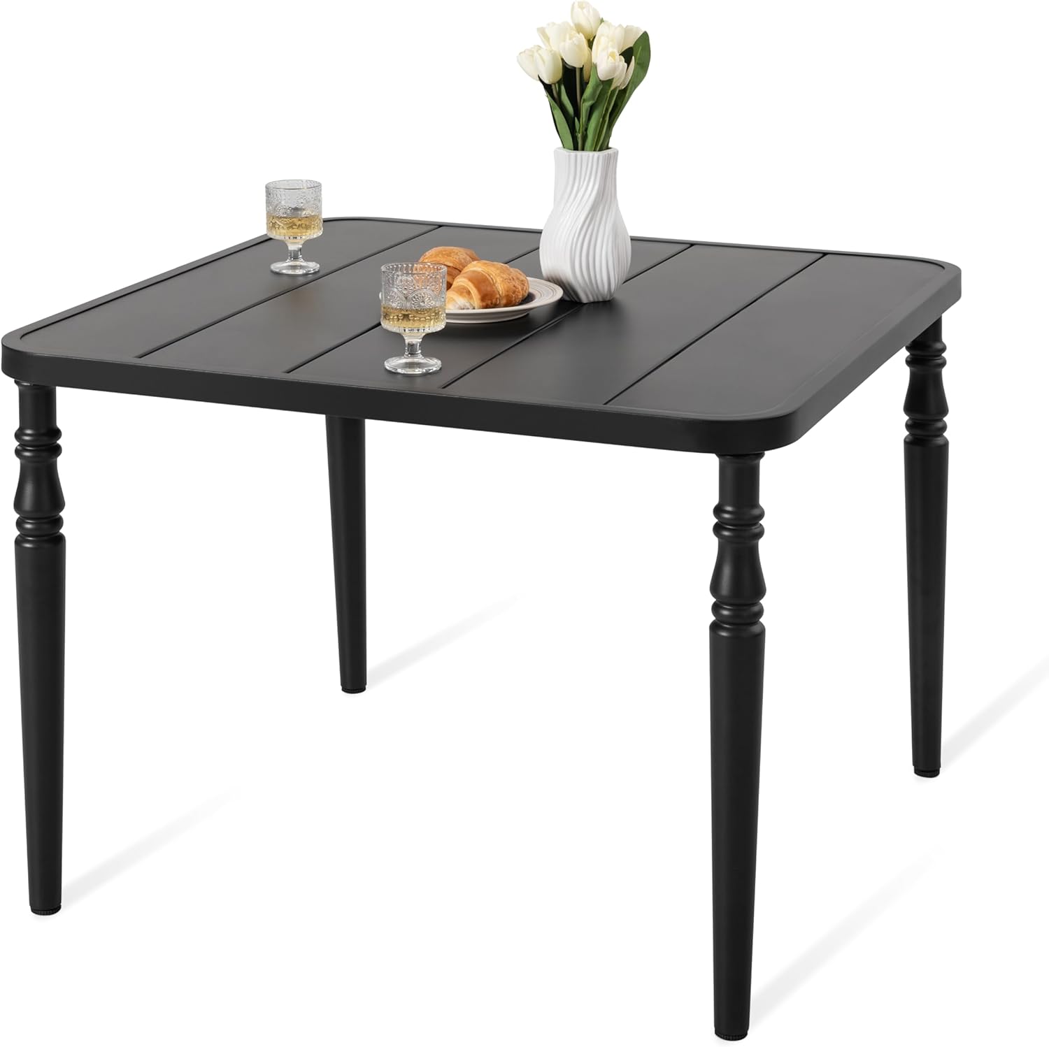 NUU GARDEN Outdoor 37” Dining Table, Square Metal Dining Table with Umbrella Hole, Patio Dining Table with Powder-Coated Frame and Slatted Tabletop, for Garden, Backyard and Balcony, Black