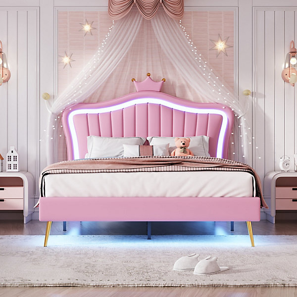 Lit enfant 140x200 cm - Lit Double Capitonné avec LED, Cadre Simili Cuir en Forme Couronne, Sans Matelas, Rose