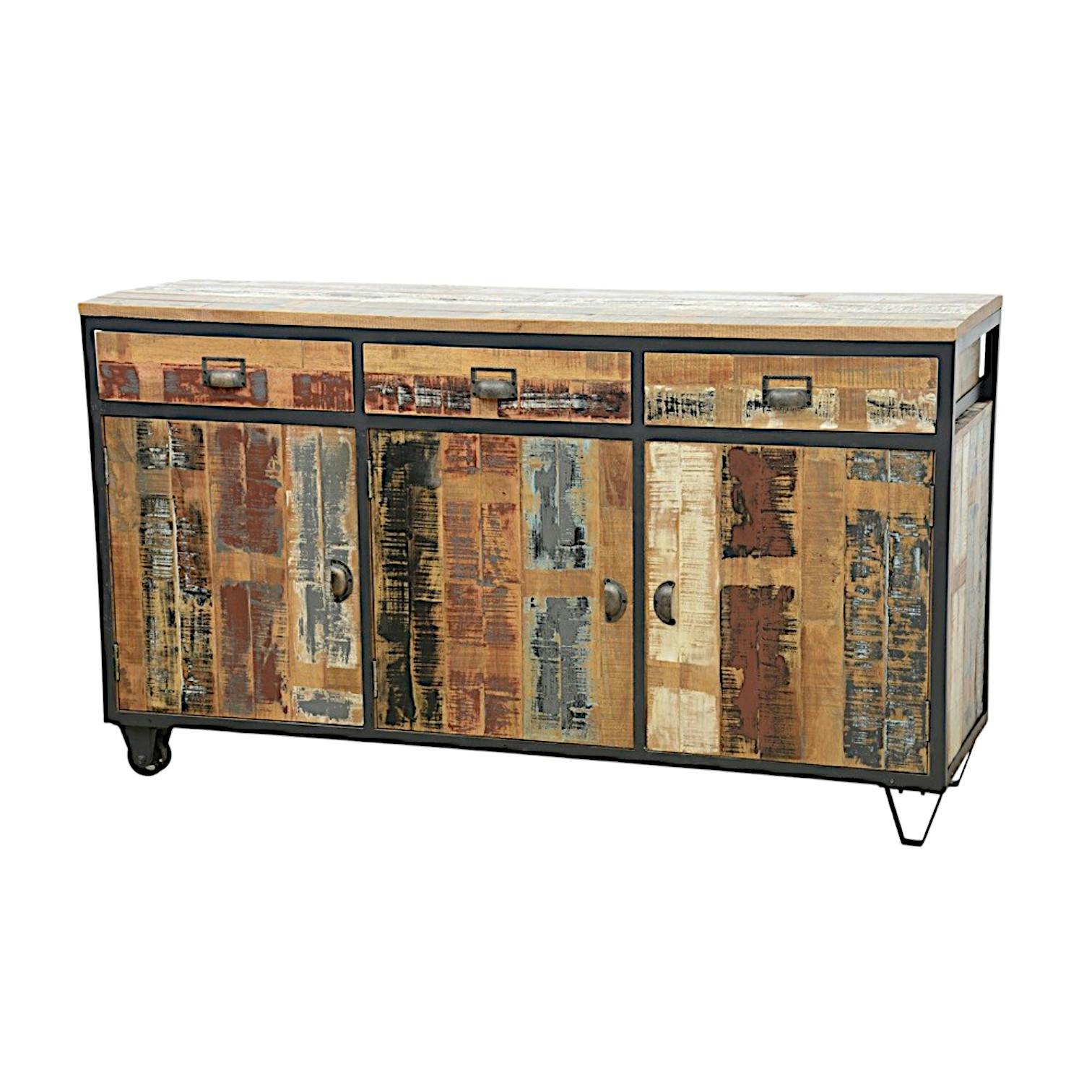 Buffet 3 portes, 3 tiroirs en Hévéa recyclé coloré et métal 150x45x85cm LOFT COLORS