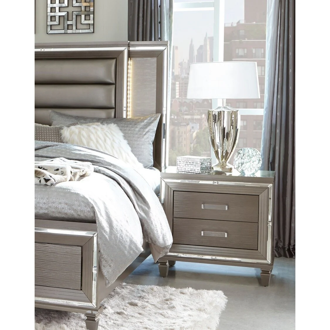 Elegant Style Silver-Metallic Nightstand Beveled Mirror Trim Dovetail Drawers Wooden Furniture