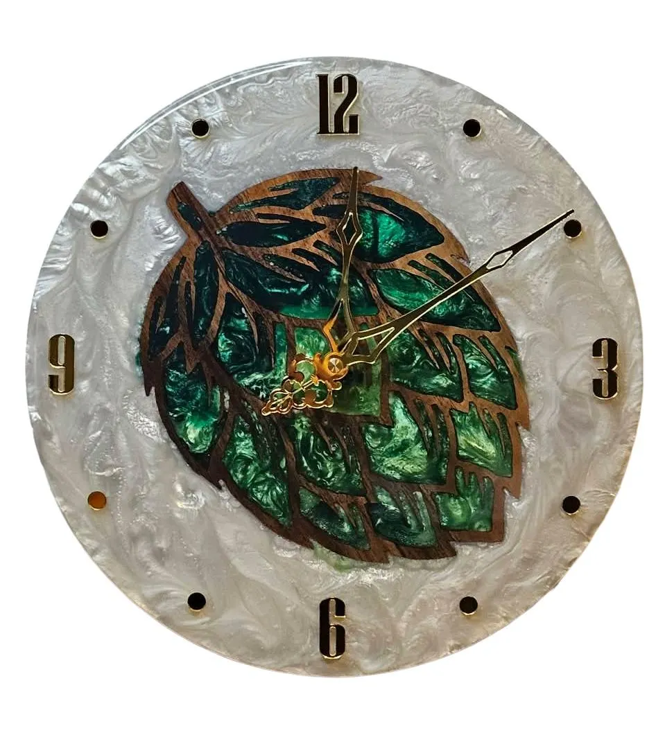 Walnut Wood Epoxy Resin Wall Clock, Handmade Hop Cone Clock