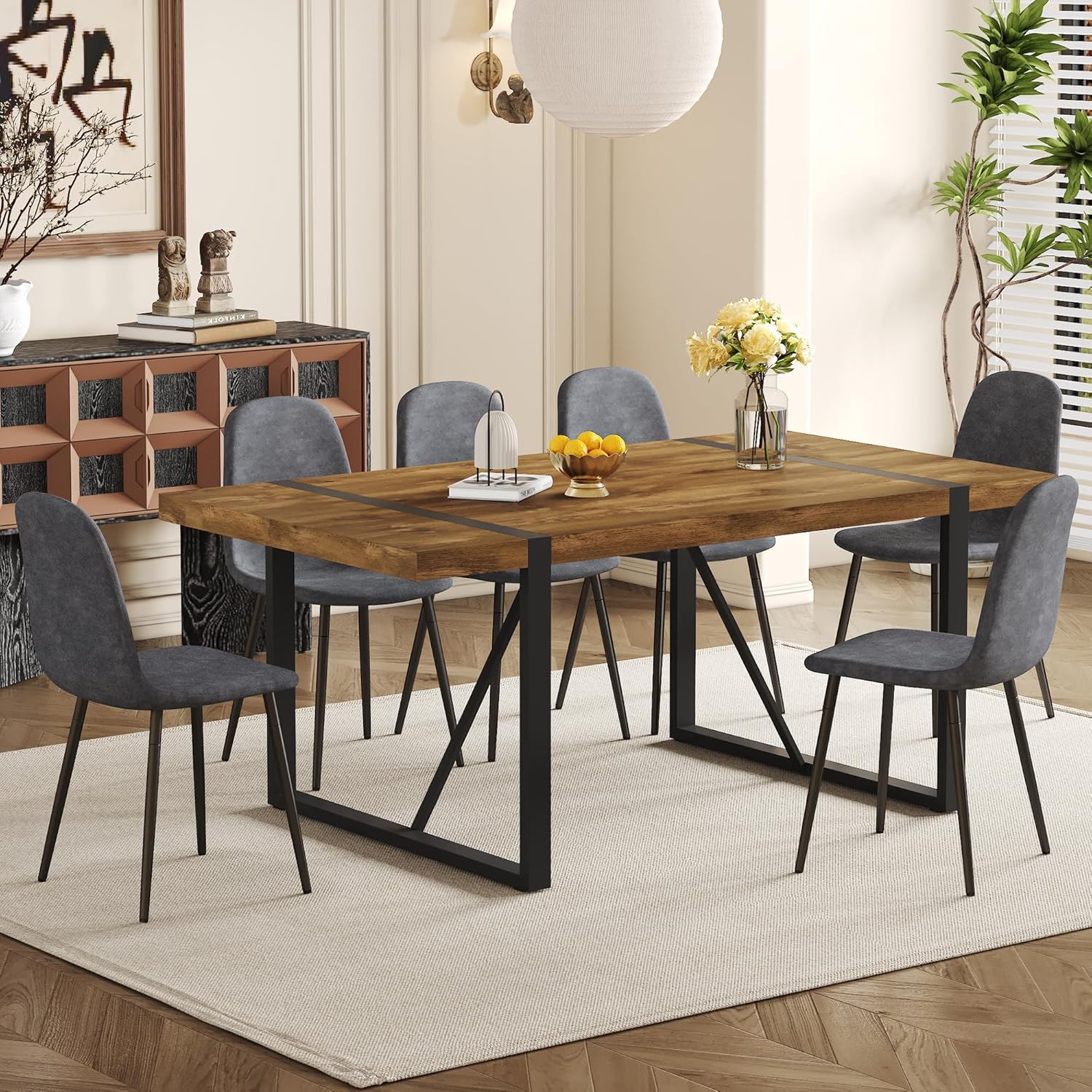 Dining Table Set for 6, Modern 71'' Dark Wood Dining Table and Fabric Dining Chairs Set of 6,Table and Chairs Set of 6,Ideal for Kitchen Dining Room