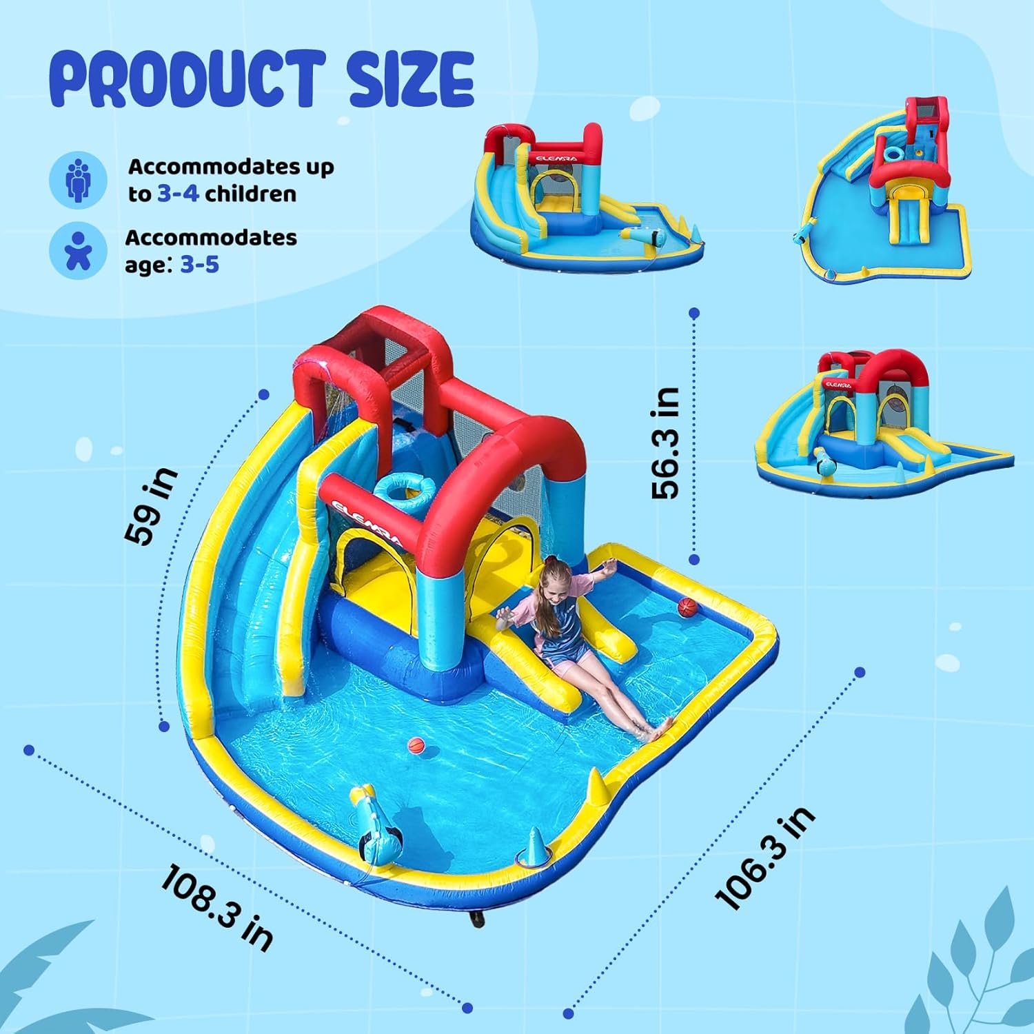 ELEMARA Inflatable Water Slide, 9 in 1 Kids Bounce House with 2 Slides, Pool&Trampoline, Fun Dart Game&Ring-toss Game, Climbing Walls, Bounce House with Blower for Outdoor Indoor, 108.3*106.3*56.3in