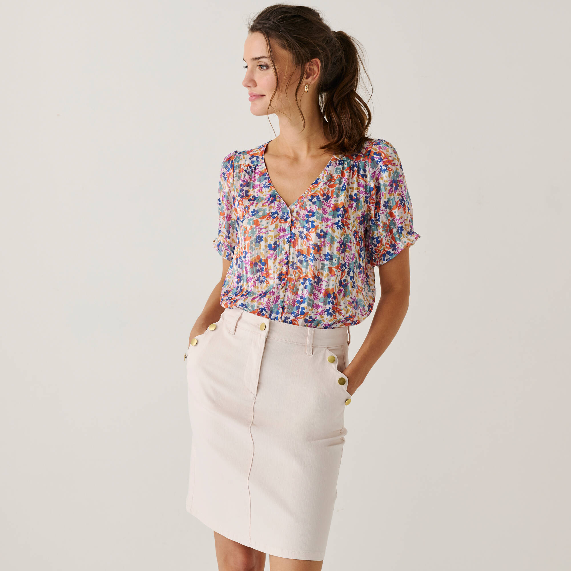 Chemisier boutonné manches blousantes imprimé, voile jacquard