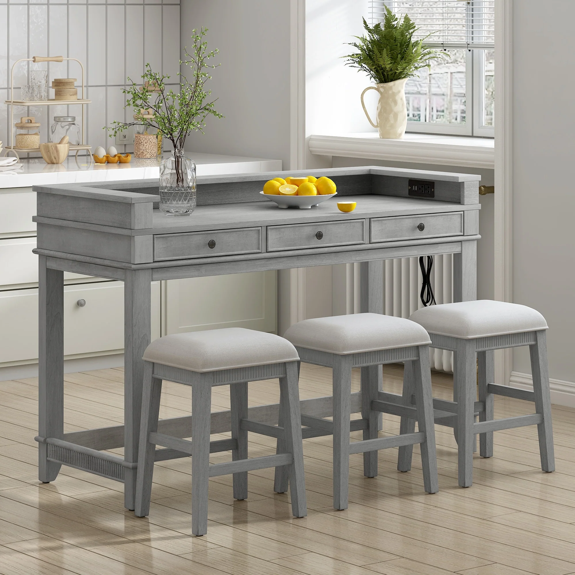 Gray 4-Piece Bar Table Set with 3 Stools, Table with Drawers & Charging Station