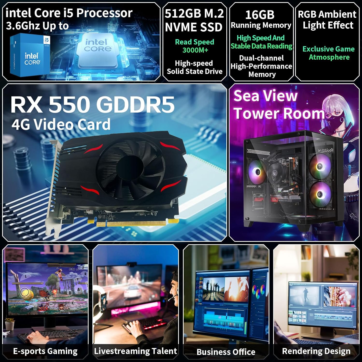 Prebuilt Gaming PC Desktop Computer Intel Core i5 Desktop Operating at A Frequency of 3.2-3.6 GHz RX550 Graphics Card with 4GB GDDR5 Video Memory 16GB RAM  512GB NVME SSD WiFi5 RGB Fan x4 Windows 11