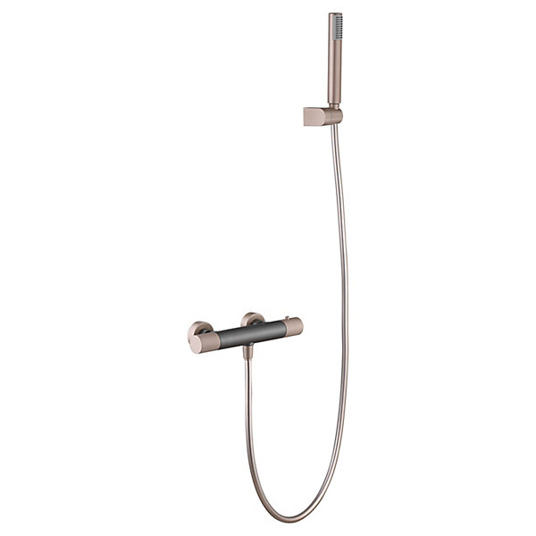 Mitigeur douche thermostatique champagne en laiton et zama avec flexible PVC