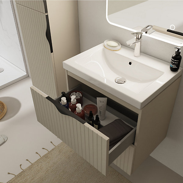 Meuble salle de bain strié - 60 cm - avec plan vasque - Beige cachemire mat - à suspendre - Tirso