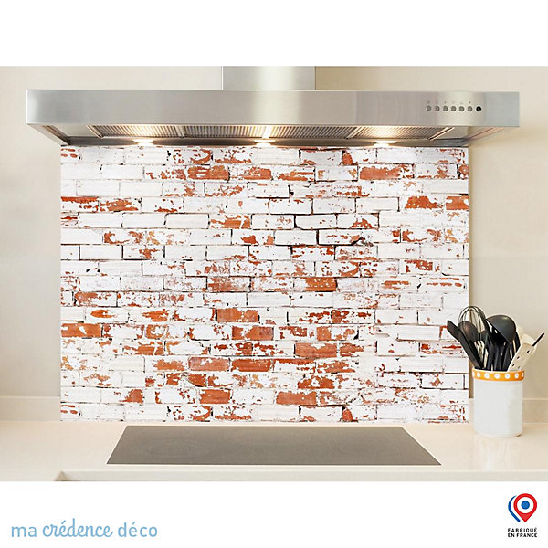 Crédence cuisine fond de hotte Mur briques rouges et blanches - Alu composite - L 60 cm x H 45 cm - MaCrédenceDéco