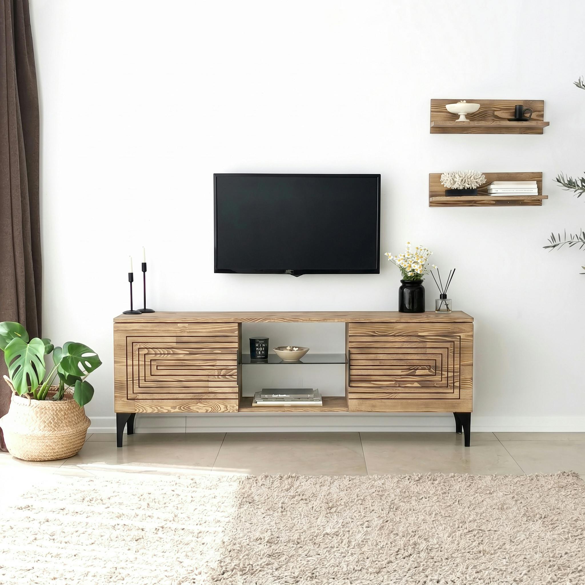 Meuble TV bois clair sculpté - 2 étagères assorties LECCE