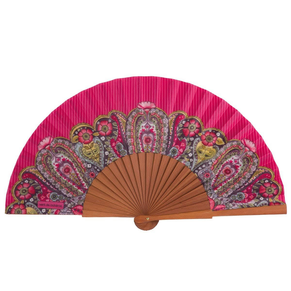 FLOWER - Éventail en bois de merisier et coton motif Fleuri framboise