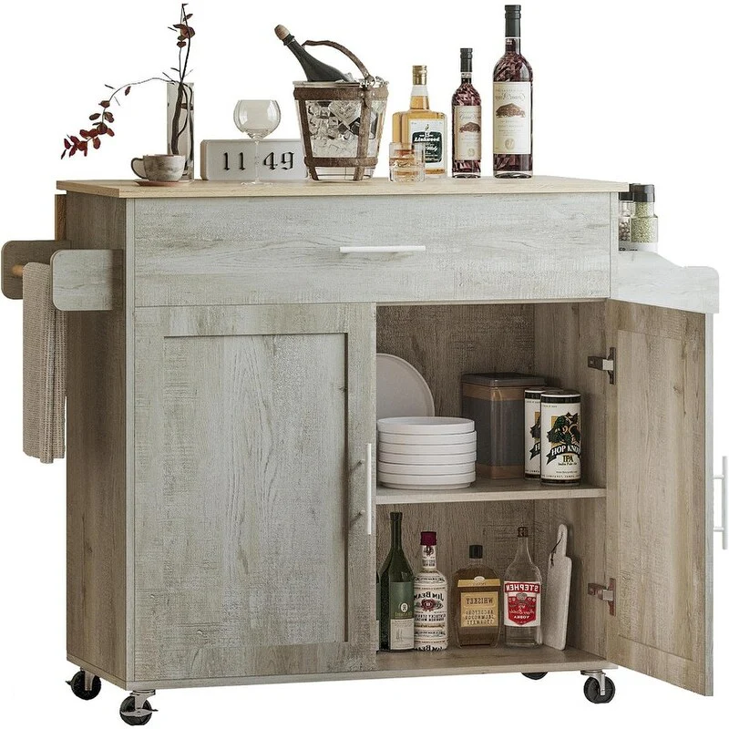 Kitchen island cart with solid wood countertop and folding board, equipped with storage cabinets, and drawers portable island